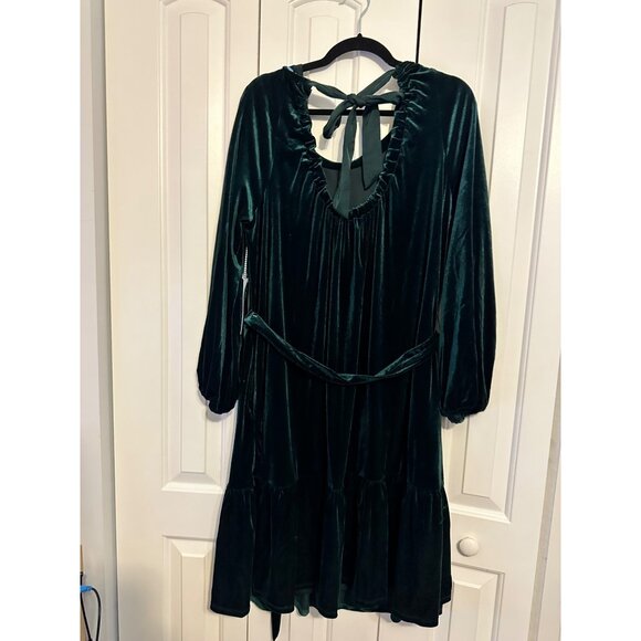 Draper James RSVP Emerald Green Velvet Ruffle Tie-Back Dress With Belt & Long Sl - Picture 3 of 8
